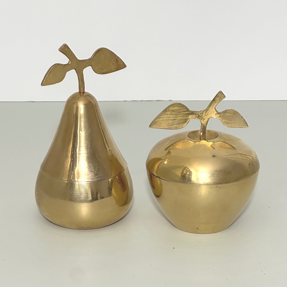 Vintaga 70s Brass Apple Pear Trinket Box Set Mid MCM Decor Boho Chic Eclectic